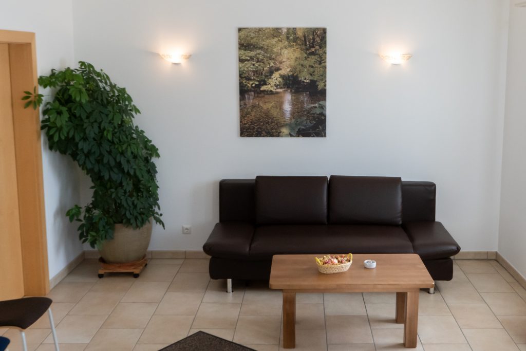 wohnen nach Feng Shui: Sofa mit Tisch, Bild und Lampen an der Wand. Im Eck steht eine große Zimmerpflanze.